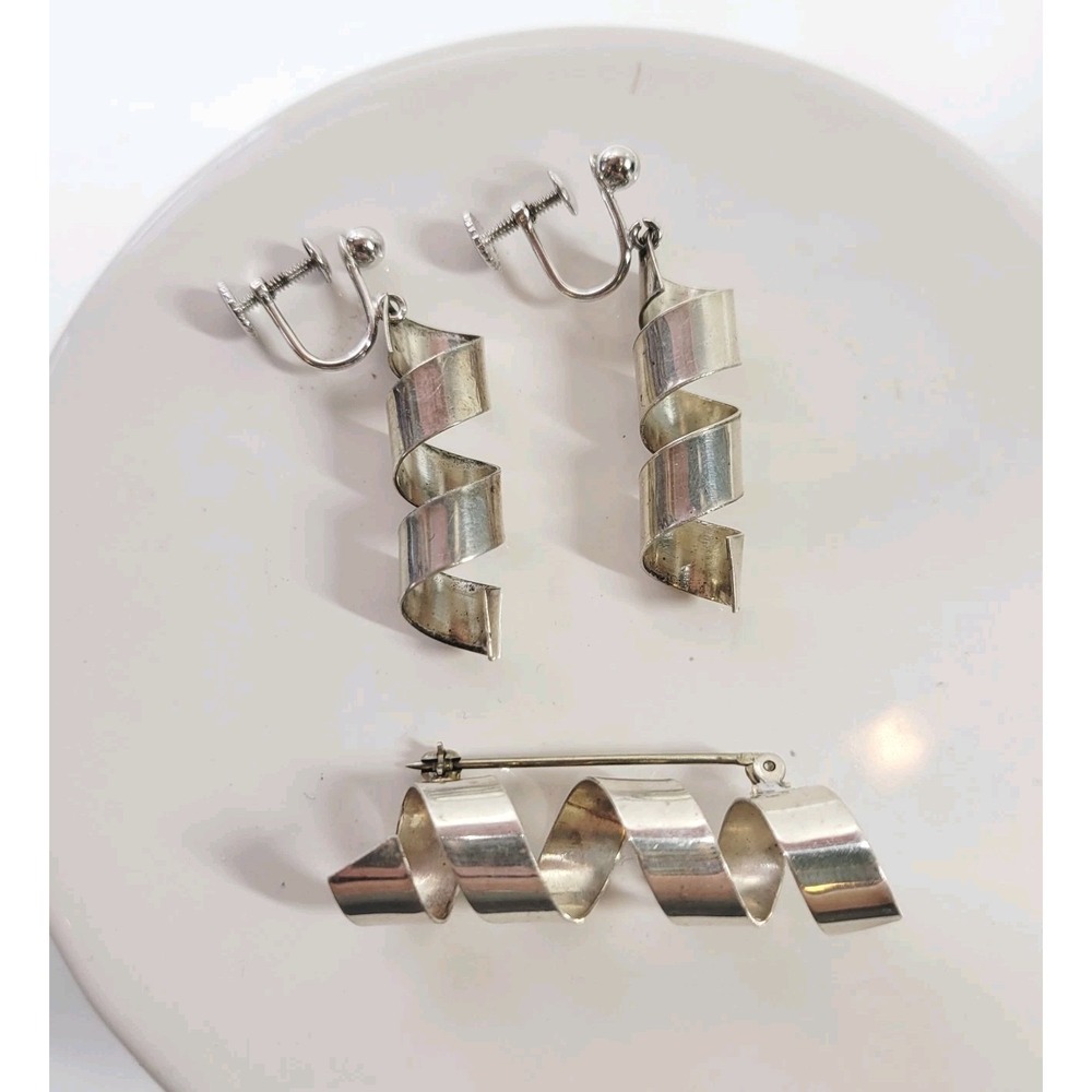 Sterling Silver Vintage Corkscrew Earrings and Pin Set Screw Back Modernist MCM
